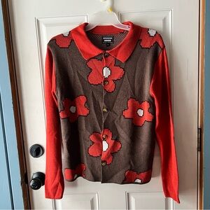 Super Massive Bold Floral Cardigan in Red and Brown Sweater lightweight size s